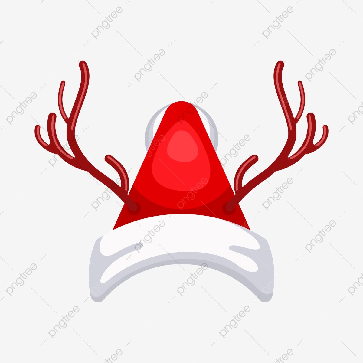 Red Santa hat with white trim and brown reindeer antlers on a light background.