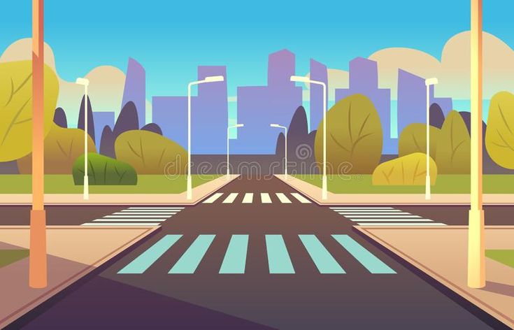 A cartoon-style city street with crosswalks, trees, lampposts, and a skyline in the background under a clear blue sky.