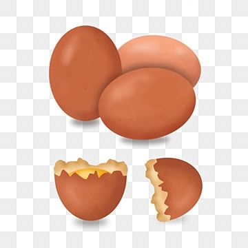 Four brown eggs-three whole and one cracked open revealing yolk-on transparent background.