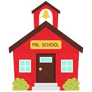 Red cartoon-style PBL School building with bell tower, green bushes, and steps.