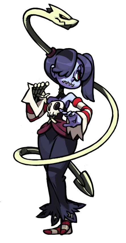 A stylized purple-haired necromancer with a skeletal snake staff, holding a skull and spellbook.