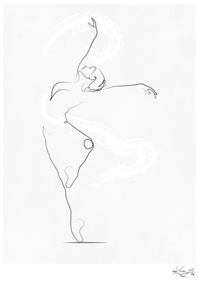 Elegant line-art sketch of a ballet dancer in mid-pose, one arm raised, flowing lines suggesting motion and grace.