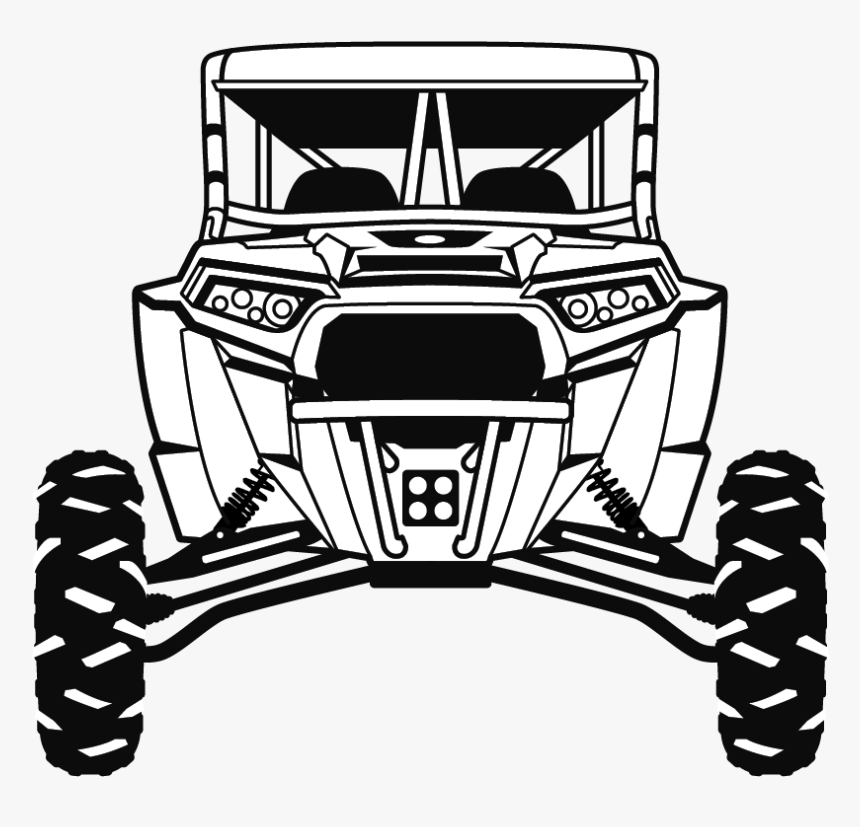 Front-facing line drawing of a rugged off-road utility terrain vehicle (UTV) with large tires, roll cage, and dual seats.