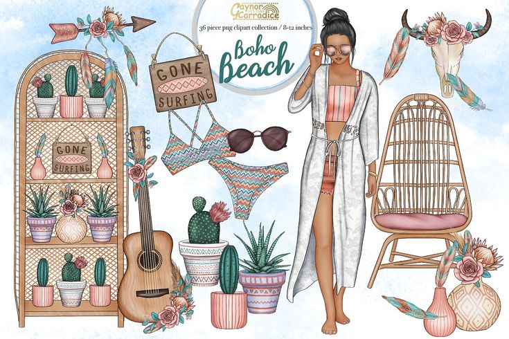 Boho beach clipart collection featuring a woman in a robe, cacti, guitar, surf sign, rattan furniture, and floral decor.