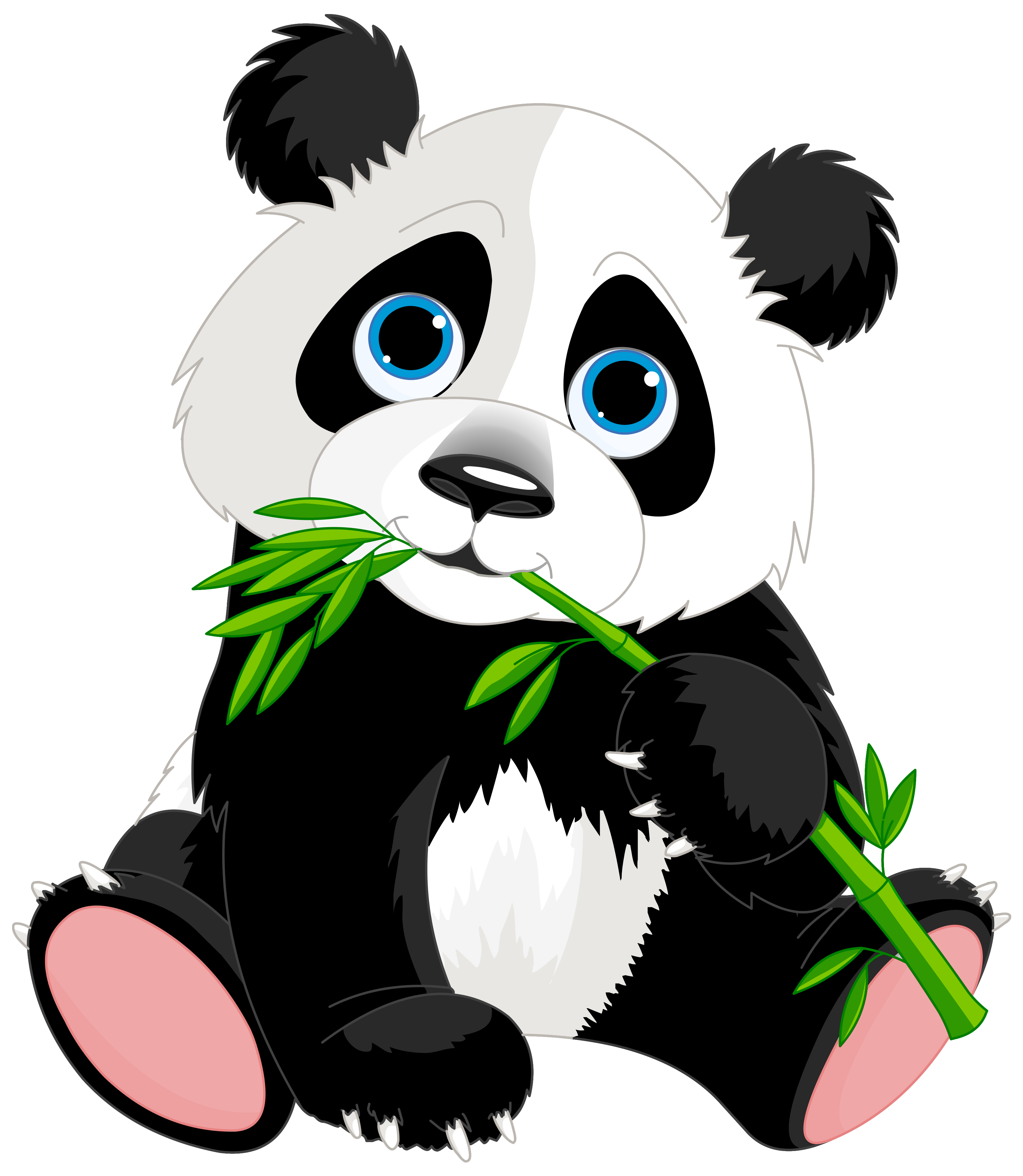 Cute cartoon panda sitting and eating bamboo with big blue eyes and fluffy black-and-white fur.