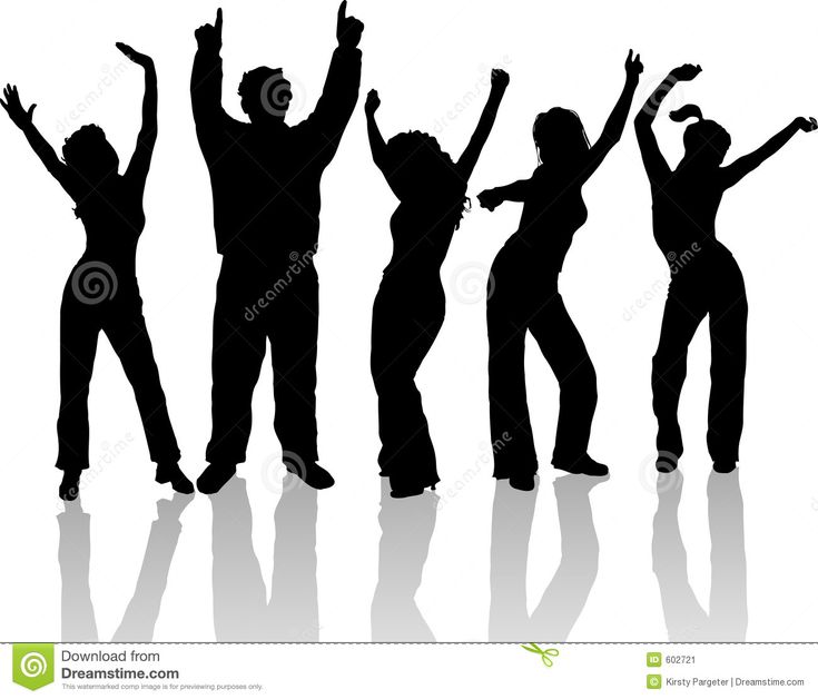 Silhouettes of five people dancing joyfully with raised arms and reflections on white background.