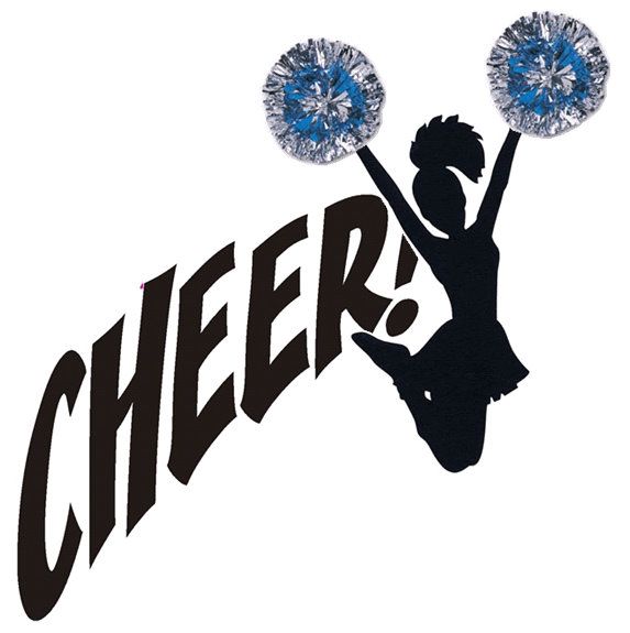 Silhouette of a cheerleader jumping with blue and silver pom-poms beside bold "CHEER!" text.
