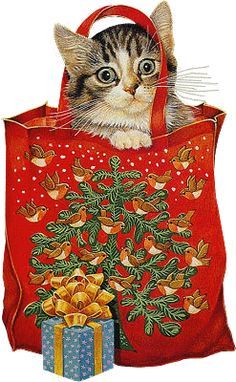 Festive Kitten in Christmas Gift Bag - Holiday Illustration