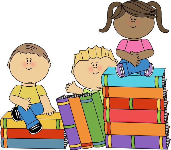 Three diverse cartoon children sitting on colorful stacks of books, smiling and engaged in reading.