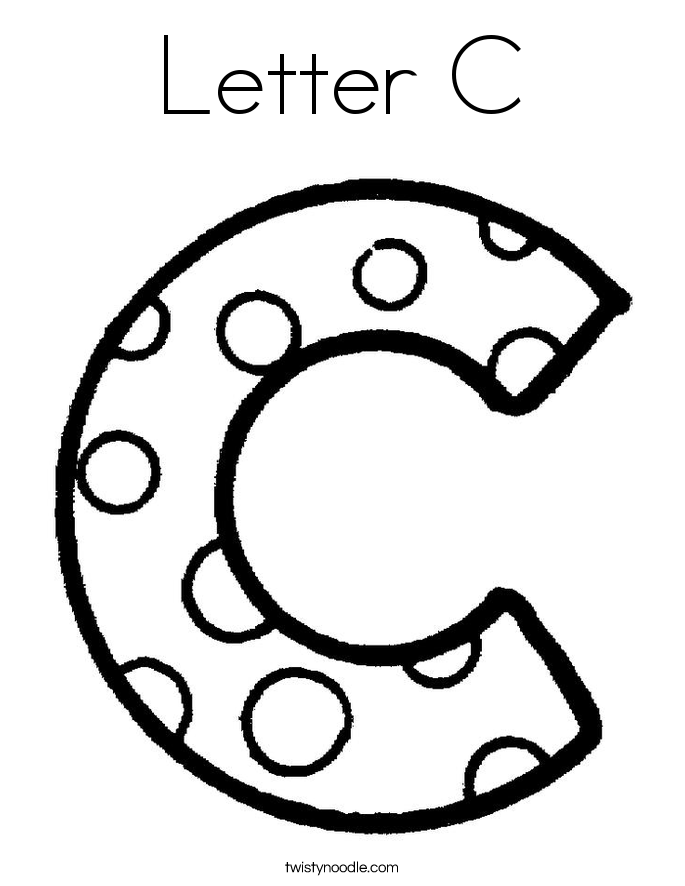 Black-and-white coloring page of uppercase letter C decorated with polka dots, labeled "Letter C".