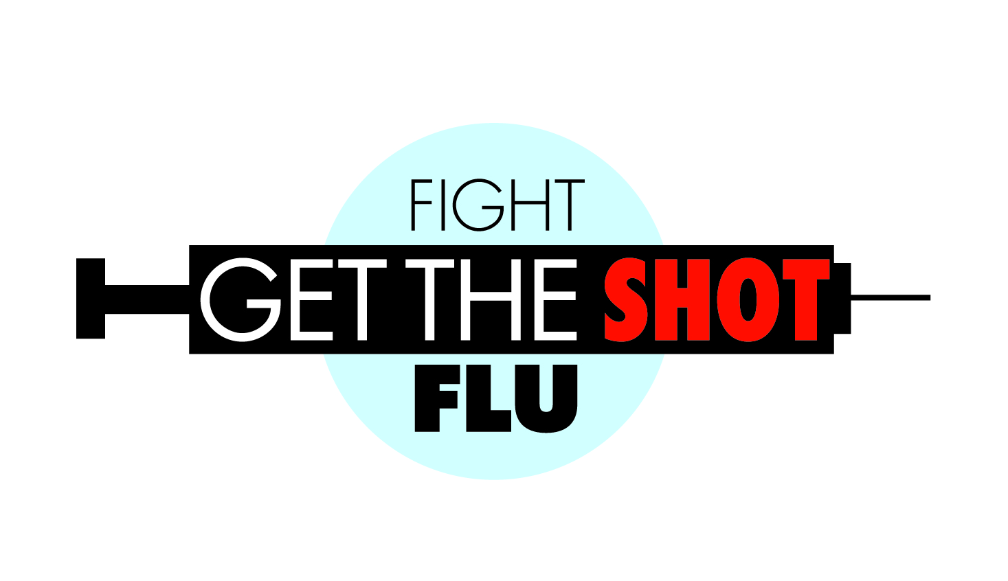 Public health campaign graphic urging people to "Fight Flu, Get the Shot" with bold typography and red/black/white color scheme.