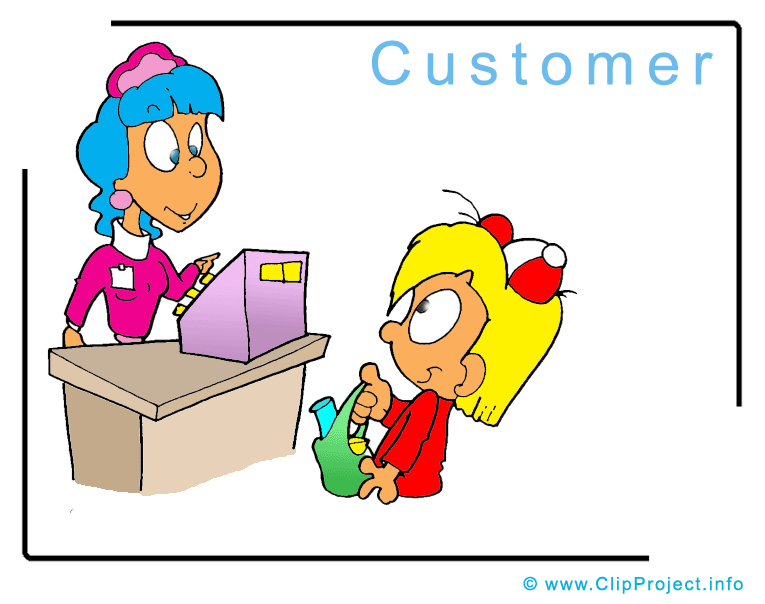 A cartoon customer with yellow hair pays at a counter while a blue-haired cashier smiles and operates a purple cash register.