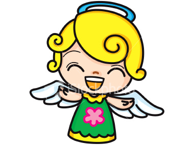 Cheerful cartoon angel with blonde curls, green dress, pink flower, and white wings smiling joyfully.