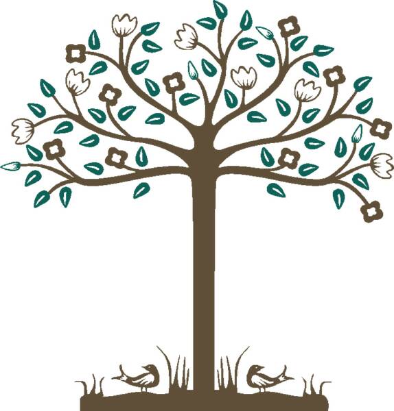 Stylized tree with brown trunk, teal leaves, white and brown flowers, and two birds on grassy ground.