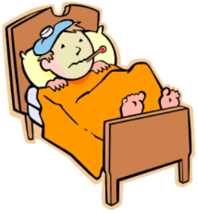 A cartoon child lying sick in bed with a fever, wearing a blue ice pack and holding a thermometer.
