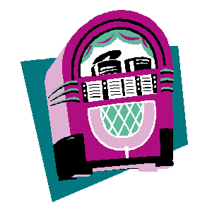 Pixel-art style pink jukebox with retro design, green accents, and visible record player inside.