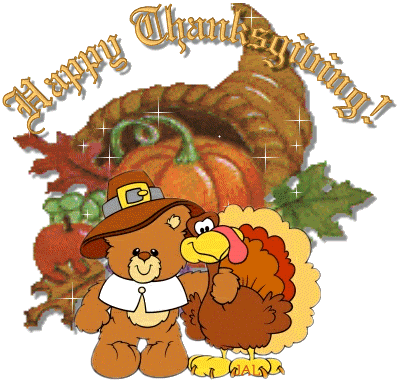 A cheerful cartoon bear in a pilgrim hat stands beside a turkey, with a cornucopia of pumpkins and autumn leaves behind them, celebrating Thanksgiving.