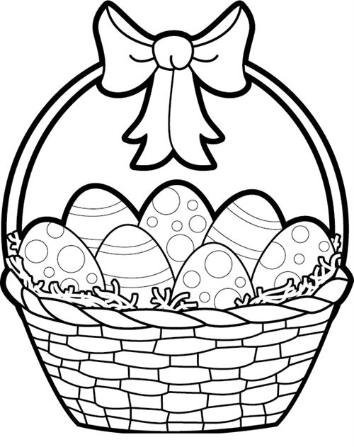 Black-and-white line drawing of a wicker Easter basket filled with patterned eggs and topped with a bow.