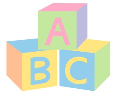 Three pastel-colored alphabet blocks (A, B, C) stacked in a pyramid formation for early childhood learning.