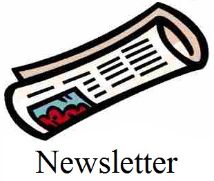 Rolled-up newspaper-style newsletter icon with text lines, red and blue graphics, and black outline.