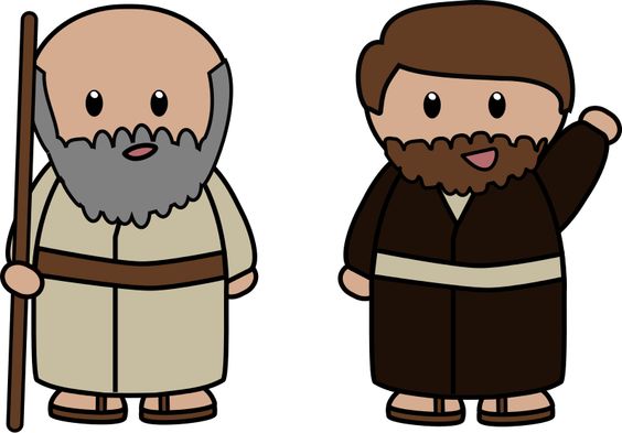 Two cartoon biblical figures: an older bearded man with a staff and a younger bearded man waving, both in ancient robes.
