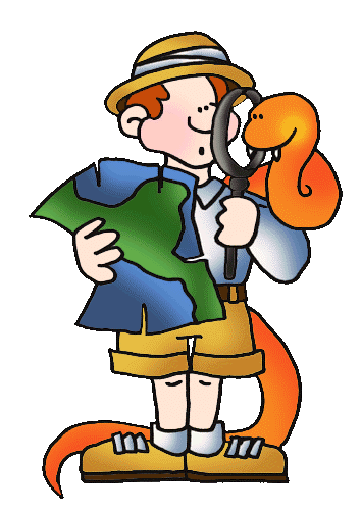 A cartoon explorer in a safari hat holds a map and magnifying glass while an orange snake wraps around him.