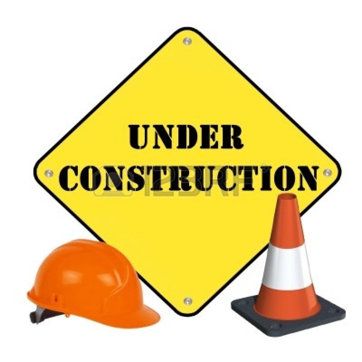 Yellow diamond-shaped "UNDER CONSTRUCTION" sign with orange hard hat and traffic cone on white background.