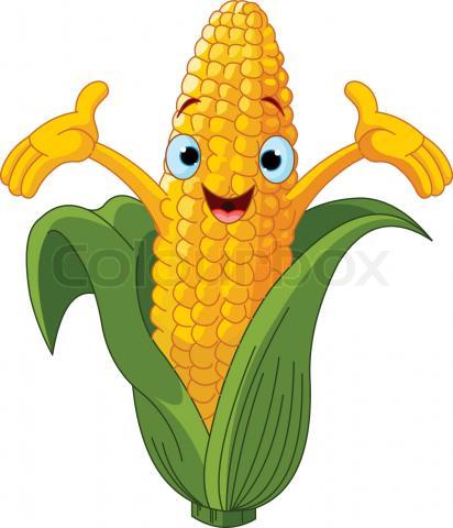 Cheerful cartoon corn with arms raised, smiling face, and green husk leaves.