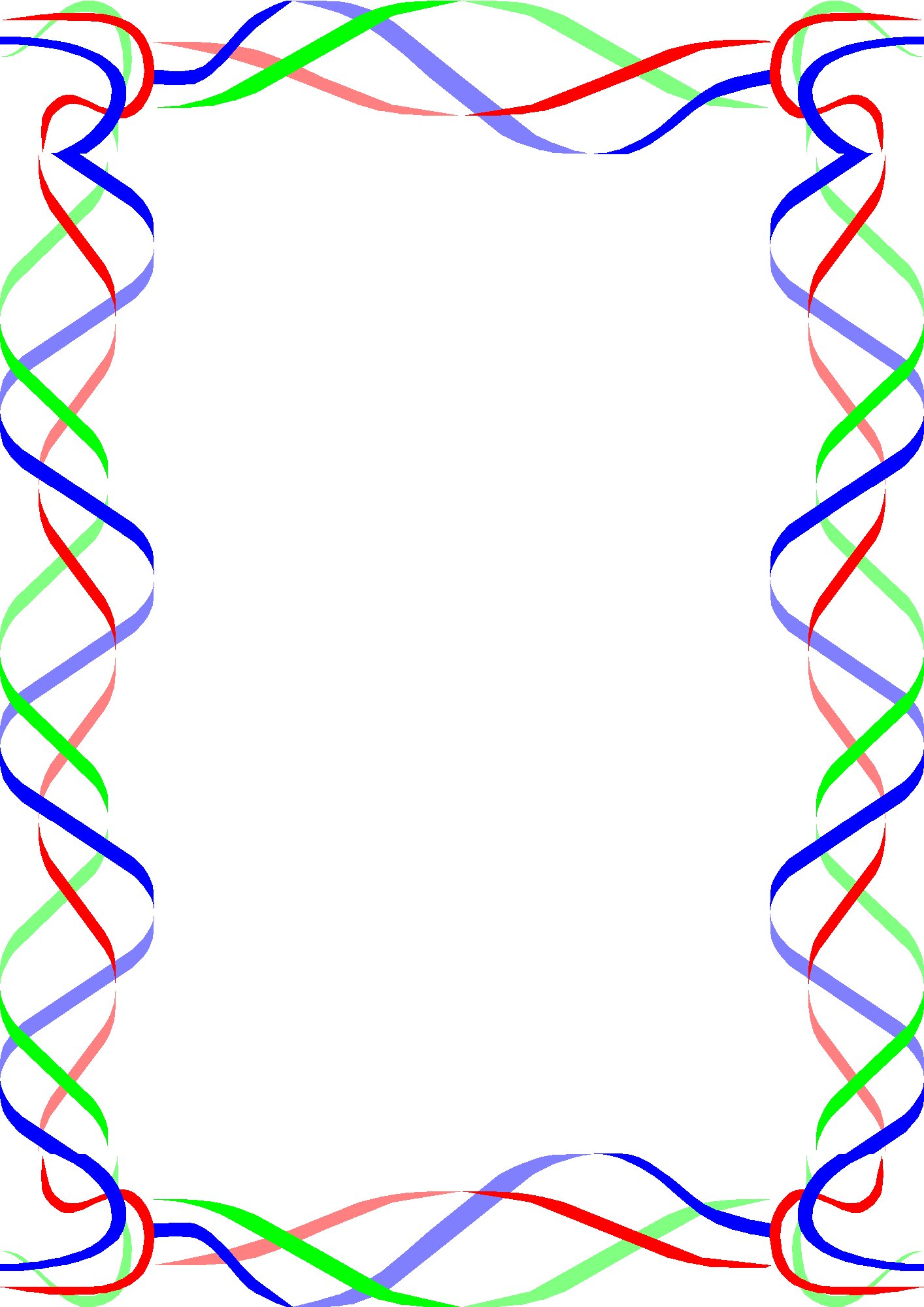 Colorful twisted ribbon border in red, blue, green, and purple forming a festive frame on white background.