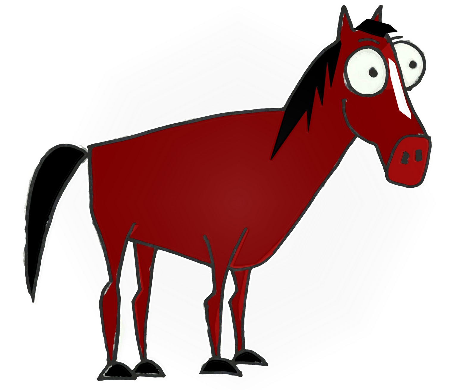 A cartoon red horse with black mane, tail, and hooves, wide eyes, and a surprised expression.