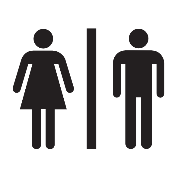 Universal restroom sign showing female and male figures separated by a vertical line.