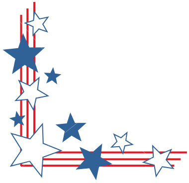 Patriotic corner border with red stripes and blue/white stars in a U.S. flag motif.
