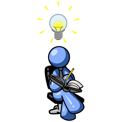 Blue cartoon figure sitting with notebook and pencil, a glowing lightbulb above head symbolizing an idea or insight.