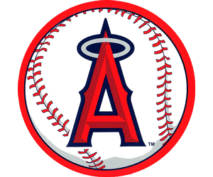 Los Angeles Angels logo featuring a red "A" with halo and wings, set inside a baseball with red stitching and border.