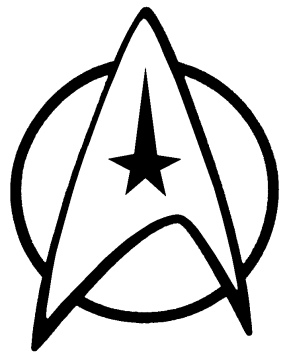 Starfleet insignia from Star Trek: a black delta-shaped emblem with a star and circle on white background.