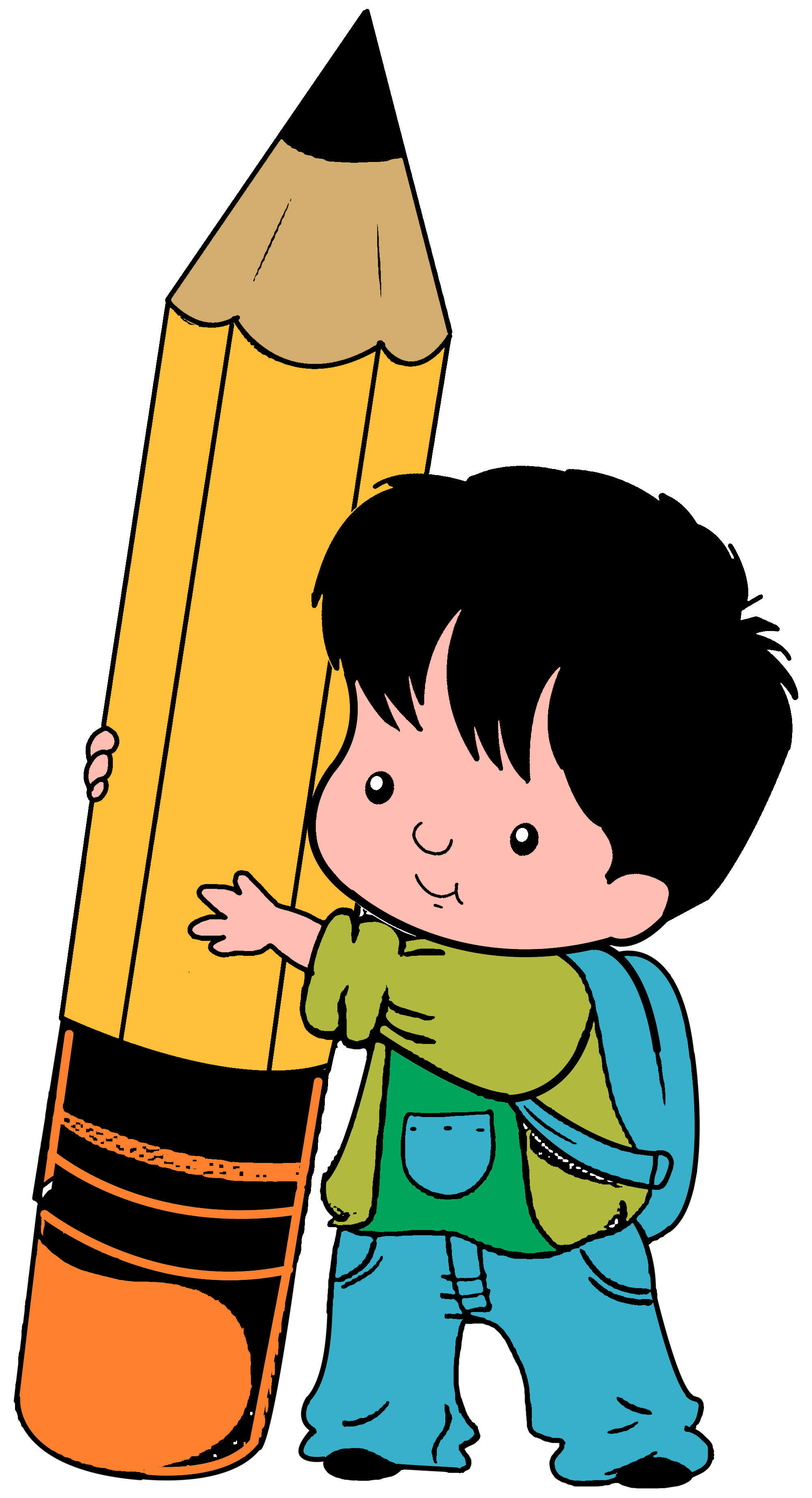 Smiling cartoon boy with black hair, green shirt, blue backpack, hugging a giant yellow pencil.