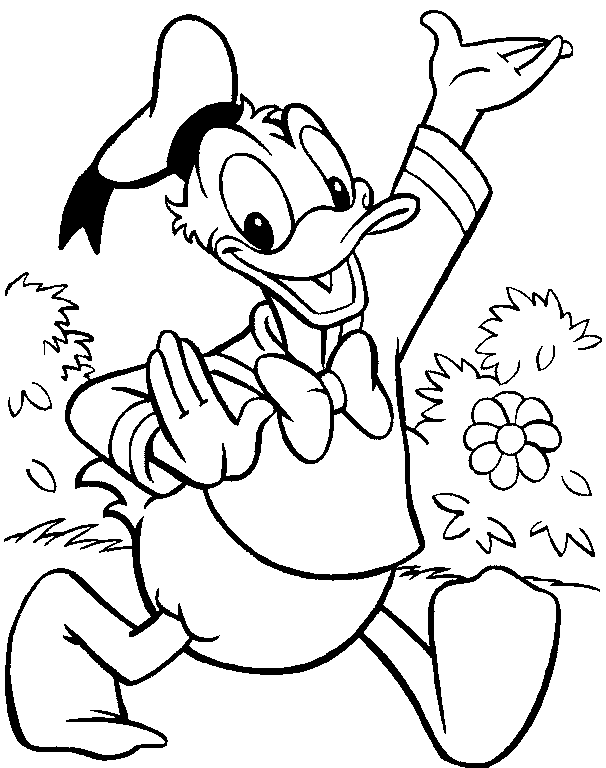 Donald Duck waving cheerfully in a garden with flowers and grass.