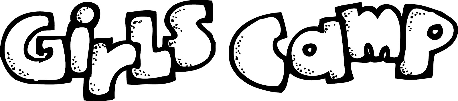 Hand-drawn bubbly black-and-white logo reading "Girls Camp" with dotted texture inside letters.
