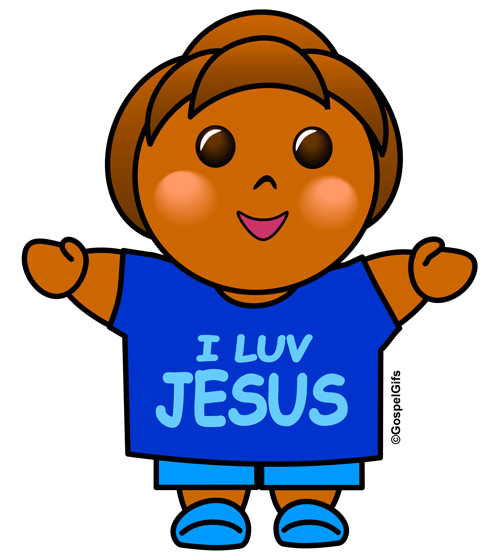 Smiling cartoon child with brown skin and hair, wearing a blue "I LUV JESUS" shirt, arms outstretched joyfully.