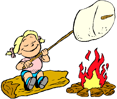 A smiling girl with blonde pigtails roasts a large marshmallow over a campfire while sitting on a log.