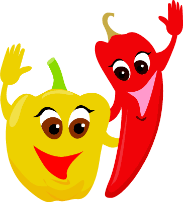 Cheerful cartoon yellow bell pepper and red chili pepper waving with friendly faces.