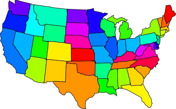 Color-coded map of the United States showing all 50 states with distinct hues for visual differentiation.