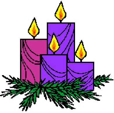 Four lit Advent candles-three purple, one pink-arranged with green pine boughs beneath, symbolizing the Christian season of preparation.