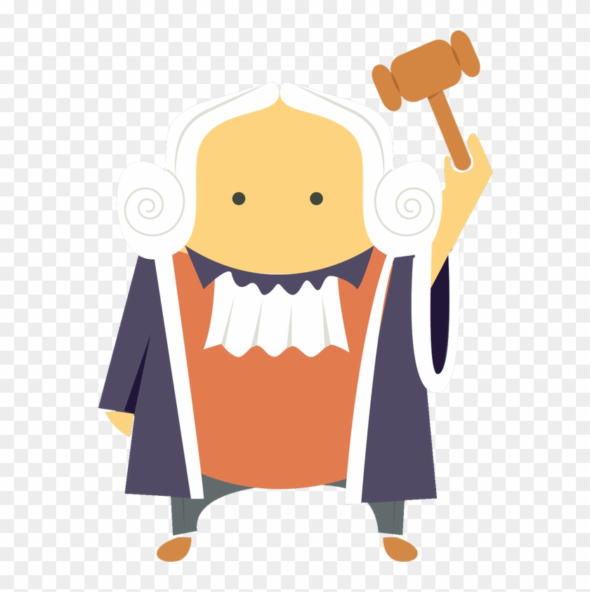 Cartoon judge in robe and wig holding a gavel, symbolizing justice and legal authority.
