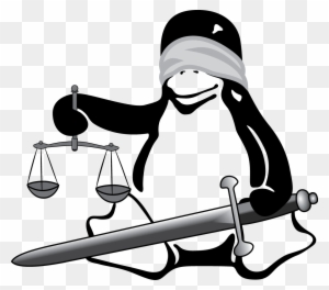 Blindfolded penguin holding scales of justice and a sword, symbolizing law and fairness.