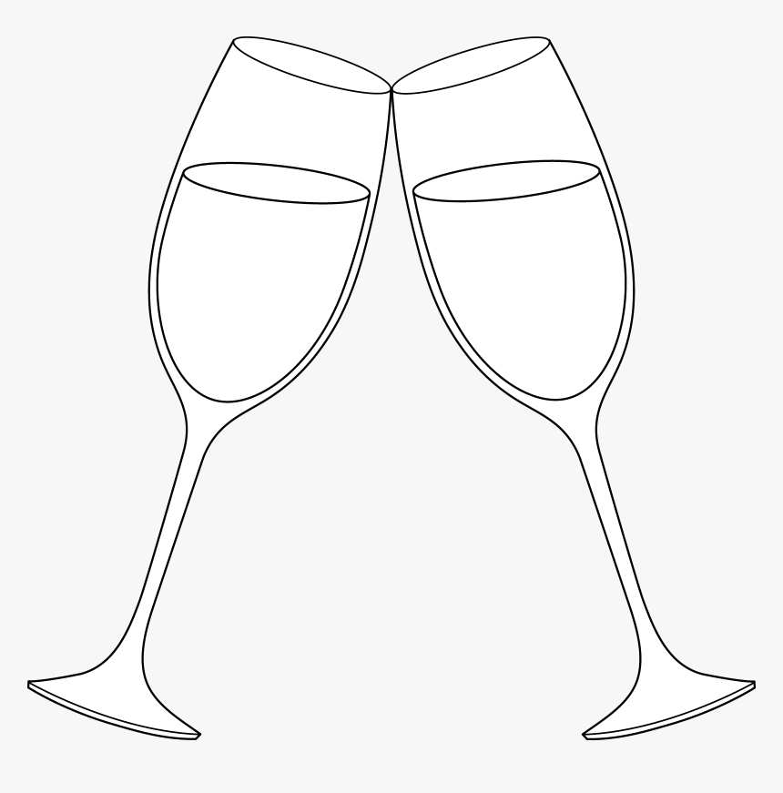 Two wine glasses clinking in a toast, outlined in black on white background.