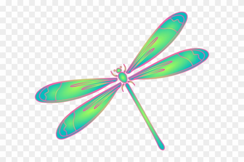 Vibrant stylized dragonfly with iridescent green and pink wings on transparent background.