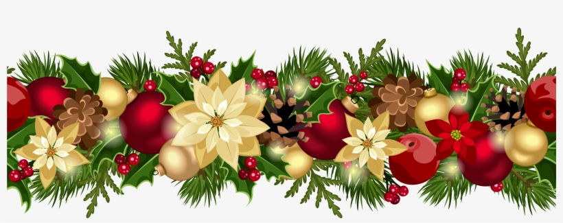 Festive Christmas garland with holly, pinecones, red berries, gold ornaments, and white poinsettias on green foliage.