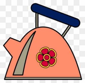 Pink cartoon kettle with red flower decoration and blue handle on transparent background.