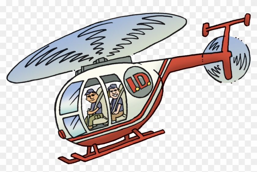 Cartoon-style red-and-white helicopter with two pilots and "ID" logo on side, rotor spinning.